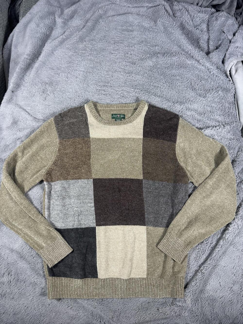 David Taylor Collection Sweater Mens Medium Multicolor Check Crew Neck Knit